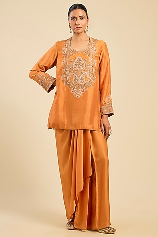 Orange Green Dupion & Satin Dhoti Set by Petticoat Lane