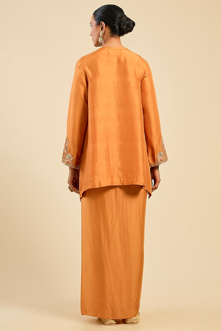 Orange Green Dupion & Satin Dhoti Set by Petticoat Lane at Pernia's Pop Up Shop