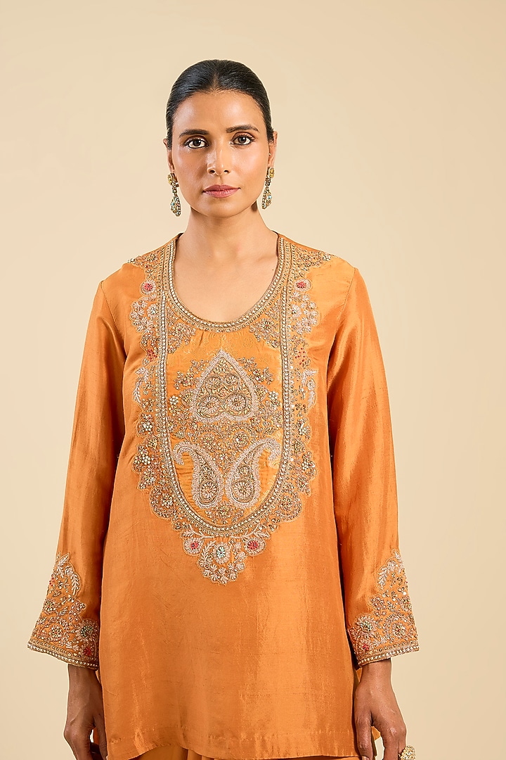 Orange Green Dupion & Satin Dhoti Set by Petticoat Lane at Pernia's Pop Up Shop