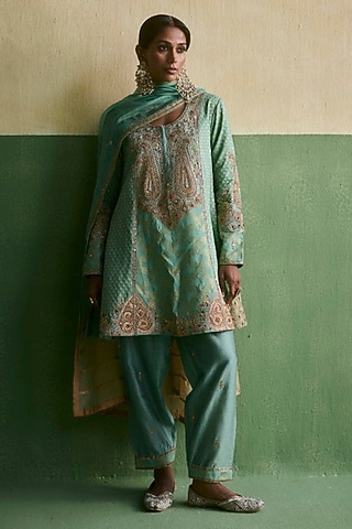 Cyan Blue Brocade Embroidered Kurta Set by Petticoat Lane
