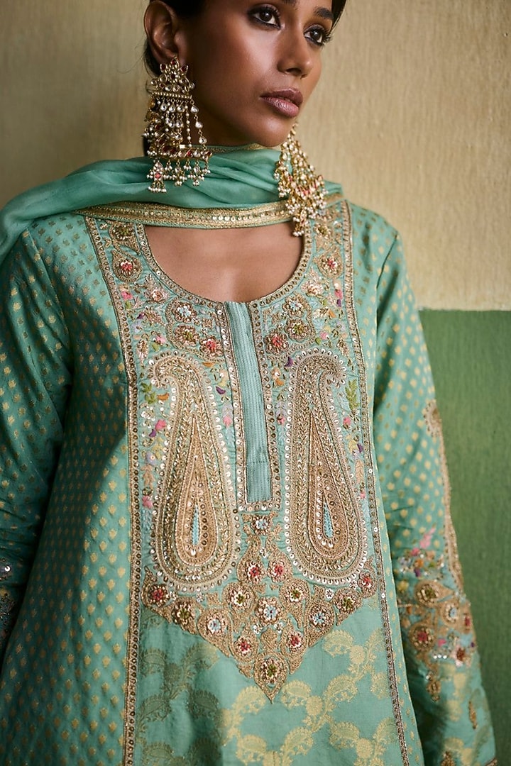 Cyan Blue Brocade Embroidered Kurta Set by Petticoat Lane at Pernia's Pop Up Shop
