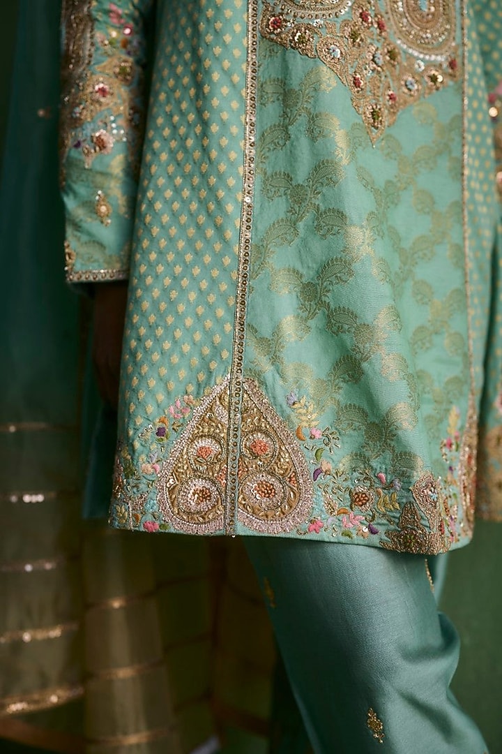 Cyan Blue Brocade Embroidered Kurta Set by Petticoat Lane at Pernia's Pop Up Shop