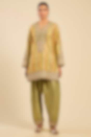 Sage Green Chanderi & Brocade Short Kurta Set by Petticoat Lane at Pernia's Pop Up Shop
