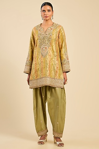 Sage Green Chanderi & Brocade Short Kurta Set by Petticoat Lane