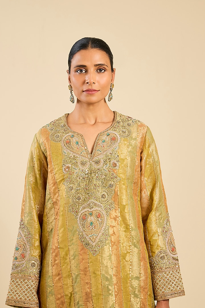 Sage Green Chanderi & Brocade Short Kurta Set by Petticoat Lane at Pernia's Pop Up Shop
