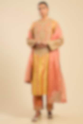 Rose Pink Chanderi & Brocade Striped Kurta Set by Petticoat Lane at Pernia's Pop Up Shop