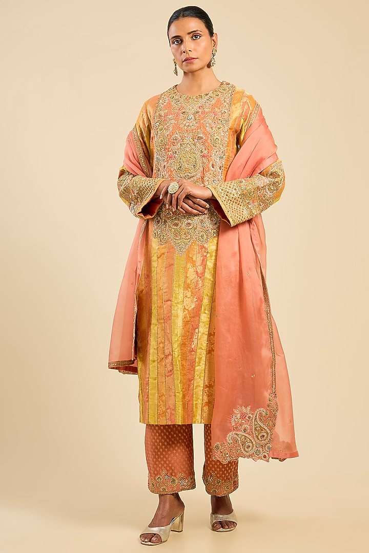 Rose Pink Chanderi & Brocade Striped Kurta Set by Petticoat Lane at Pernia's Pop Up Shop