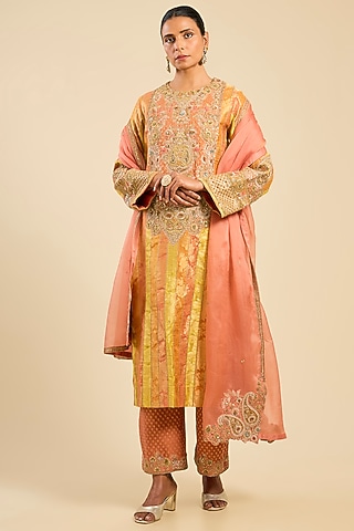 Rose Pink Chanderi & Brocade Striped Kurta Set by Petticoat Lane