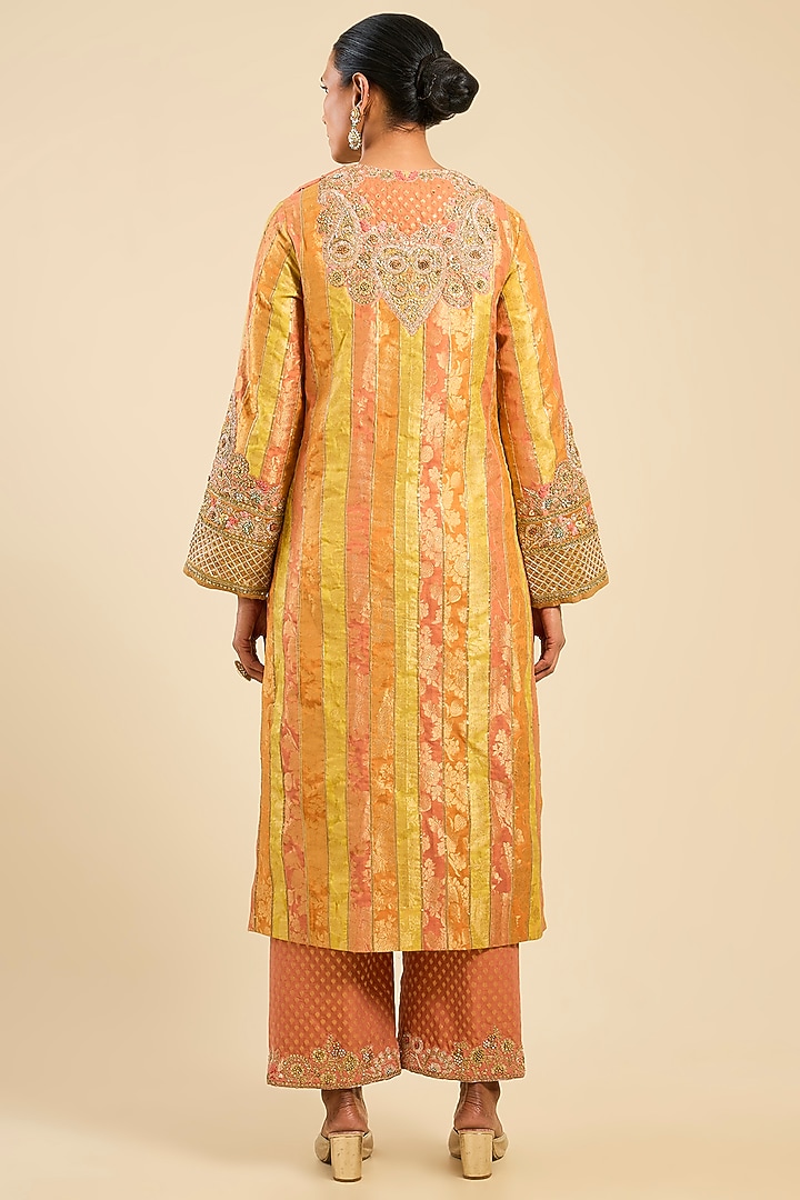 Rose Pink Chanderi & Brocade Striped Kurta Set by Petticoat Lane at Pernia's Pop Up Shop