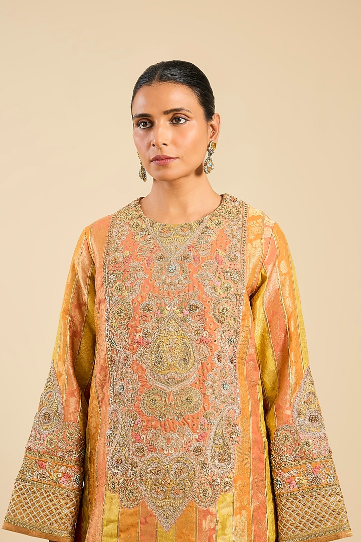 Rose Pink Chanderi & Brocade Striped Kurta Set by Petticoat Lane at Pernia's Pop Up Shop