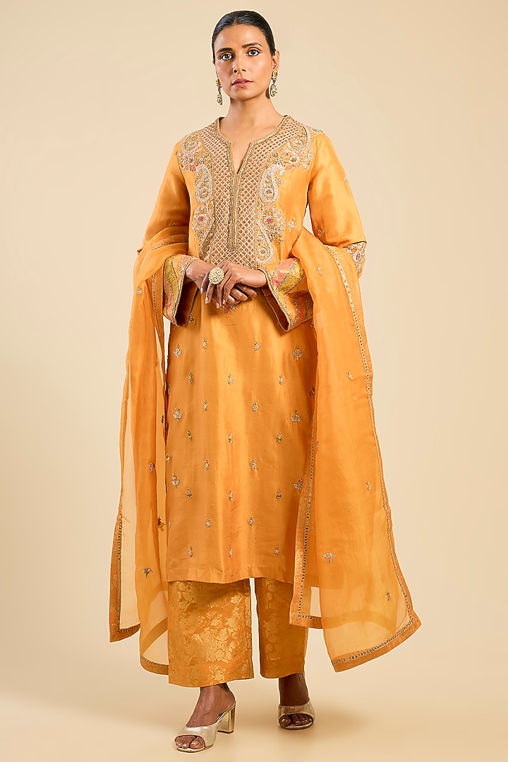 Orange Chanderi Boota Work Long Kurta Set by Petticoat Lane at Pernia's Pop Up Shop