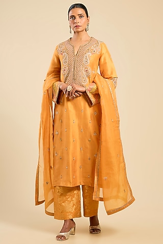 Orange Chanderi Boota Work Long Kurta Set by Petticoat Lane