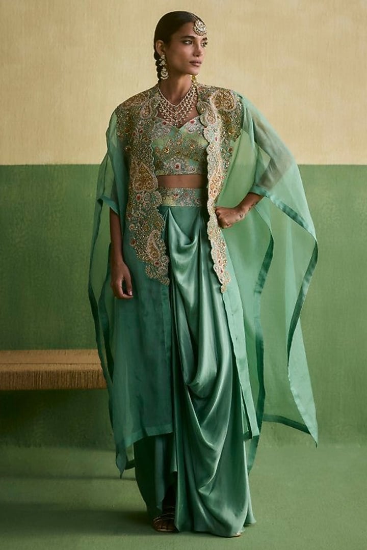 Cyan Blue Satin Draped Skirt Set by Petticoat Lane at Pernia's Pop Up Shop