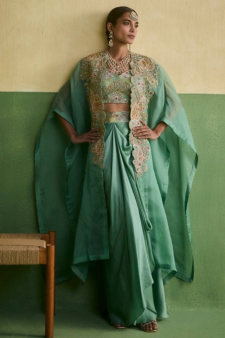 Cyan Blue Satin Draped Skirt Set by Petticoat Lane at Pernia's Pop Up Shop