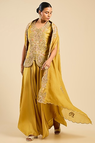 Mehendi Green Chanderi & Organza Cape Set by Petticoat Lane