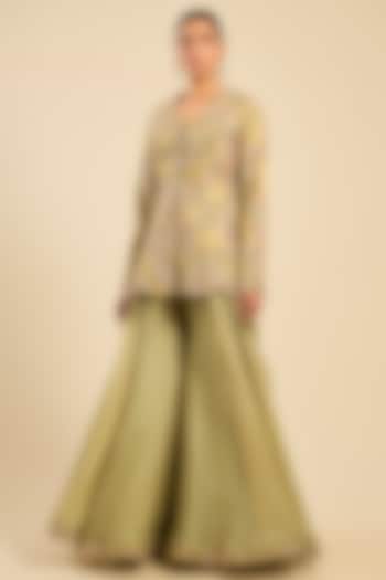 Sage Green Chanderi & Organza Bridal Sharara Set by Petticoat Lane at Pernia's Pop Up Shop