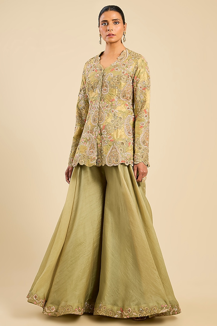 Sage Green Chanderi & Organza Bridal Sharara Set by Petticoat Lane at Pernia's Pop Up Shop