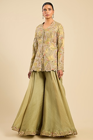 Sage Green Chanderi & Organza Sharara Set by Petticoat Lane
