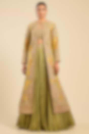 Sage Green Chanderi & Organza Striped Long Jacket Set by Petticoat Lane at Pernia's Pop Up Shop