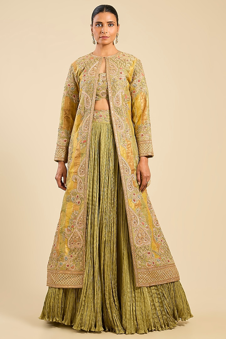 Sage Green Chanderi & Organza Striped Long Jacket Set by Petticoat Lane at Pernia's Pop Up Shop