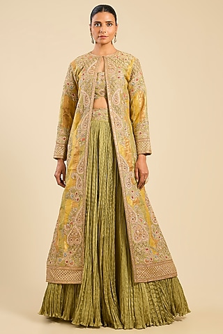 Sage Green Chanderi & Organza Striped Long Jacket Set by Petticoat Lane