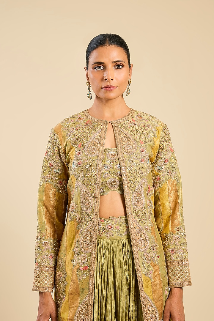 Sage Green Chanderi & Organza Striped Long Jacket Set by Petticoat Lane at Pernia's Pop Up Shop