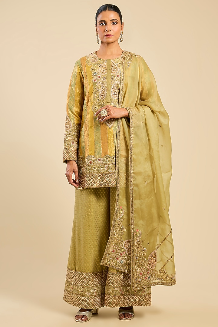 Sage Green Chanderi Brocade Bridal Sharara Set by Petticoat Lane at Pernia's Pop Up Shop
