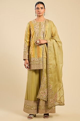 Sage Green Chanderi Brocade Sharara Set by Petticoat Lane