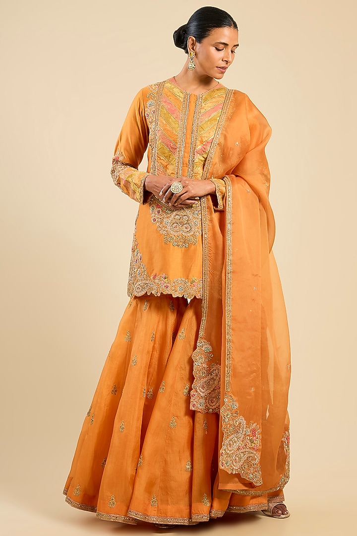 Orange Chanderi Boota Work Bridal Sharara Set by Petticoat Lane at Pernia's Pop Up Shop