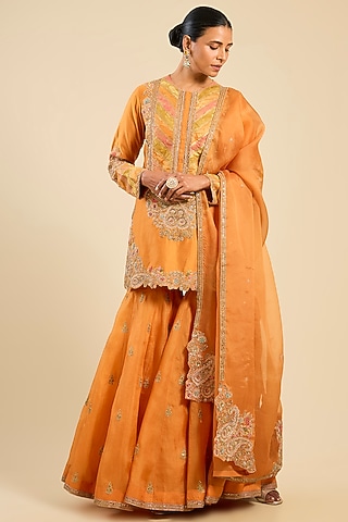 Orange Chanderi Boota Work Sharara Set by Petticoat Lane