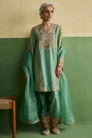 Cyan Blue Organza Embroidered Kurta Set by Petticoat Lane
