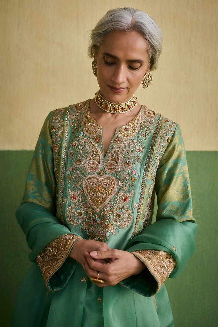 Cyan Blue Organza Embroidered Kurta Set by Petticoat Lane at Pernia's Pop Up Shop