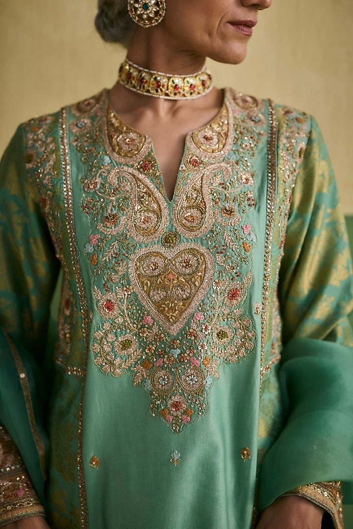 Cyan Blue Organza Embroidered Kurta Set by Petticoat Lane at Pernia's Pop Up Shop