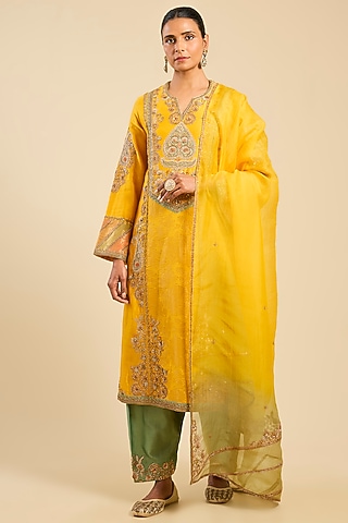 Mustard Chanderi Brocade Long Kurta Set by Petticoat Lane