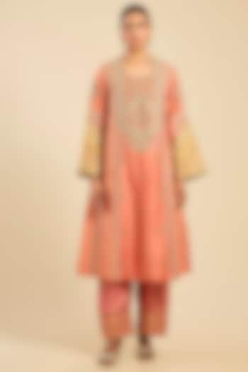 Rose Pink Chanderi A-Line Paneled Kurta Set by Petticoat Lane at Pernia's Pop Up Shop