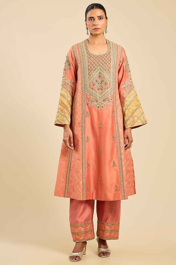 Rose Pink Chanderi A-Line Paneled Kurta Set by Petticoat Lane at Pernia's Pop Up Shop