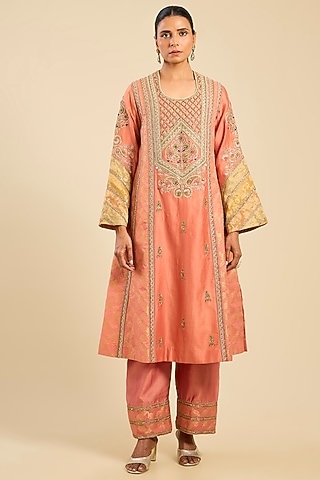 Rose Pink Chanderi A-Line Paneled Kurta Set by Petticoat Lane