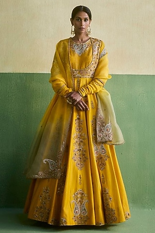 Mango Yellow Chanderi Embroidered Kalidar Anarkali Set by Petticoat Lane