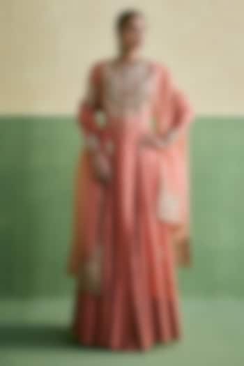 Rose Pink Chanderi Embroidered Bridal Anarkali Set by Petticoat Lane at Pernia's Pop Up Shop