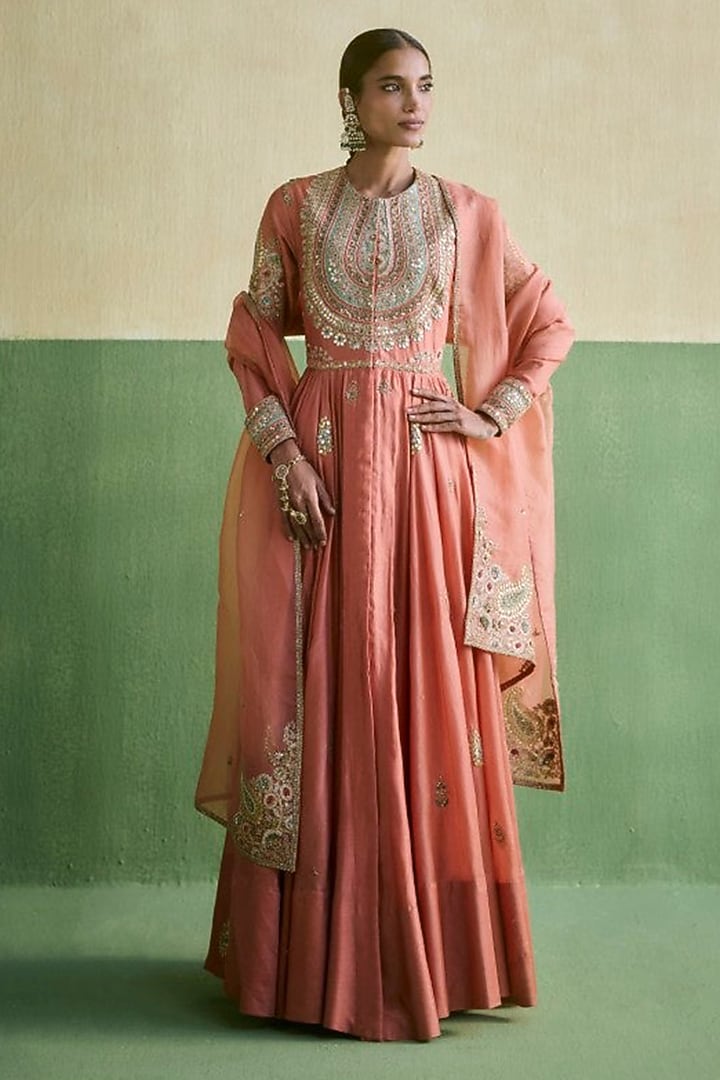 Rose Pink Chanderi Embroidered Bridal Anarkali Set by Petticoat Lane at Pernia's Pop Up Shop