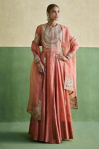 Rose Pink Chanderi Embroidered Anarkali Set by Petticoat Lane