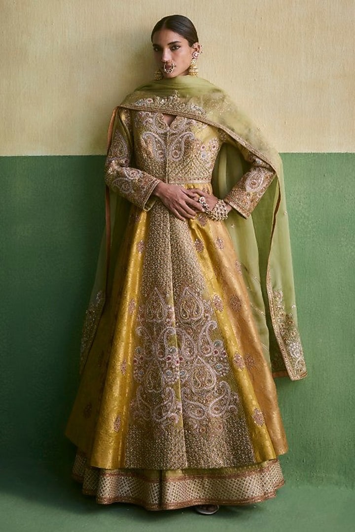Sage Green Chanderi Embroidered Layered Bridal Anarkali Set by Petticoat Lane at Pernia's Pop Up Shop