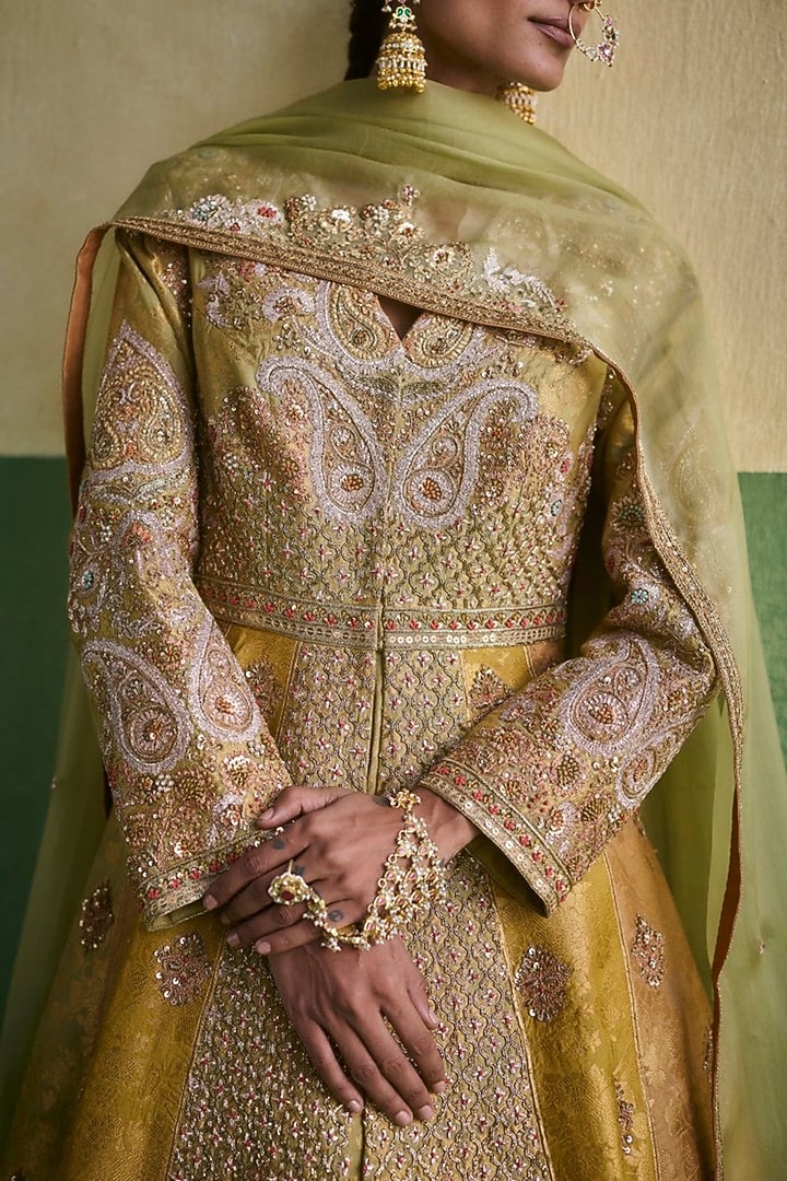 Sage Green Chanderi Embroidered Layered Bridal Anarkali Set by Petticoat Lane at Pernia's Pop Up Shop