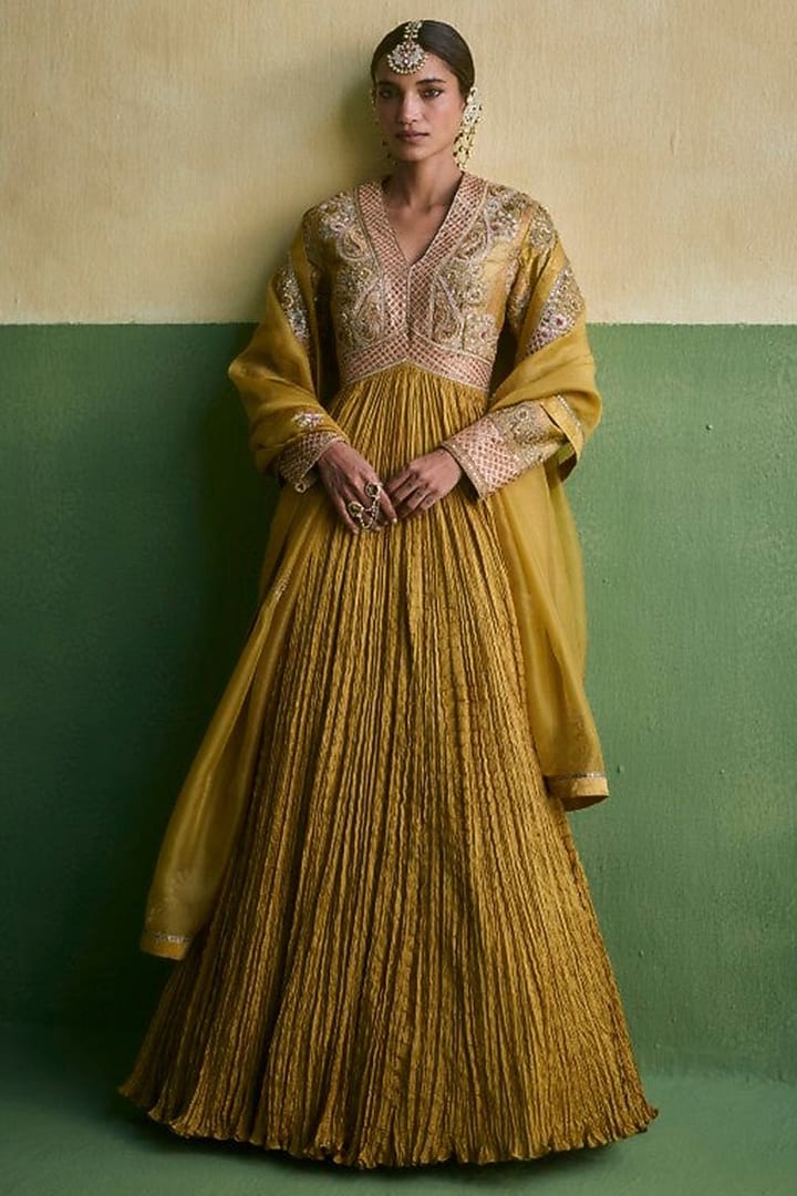 Mehendi Green Brocade Embroidered Crushed Bridal Anarkali Set by Petticoat Lane at Pernia's Pop Up Shop