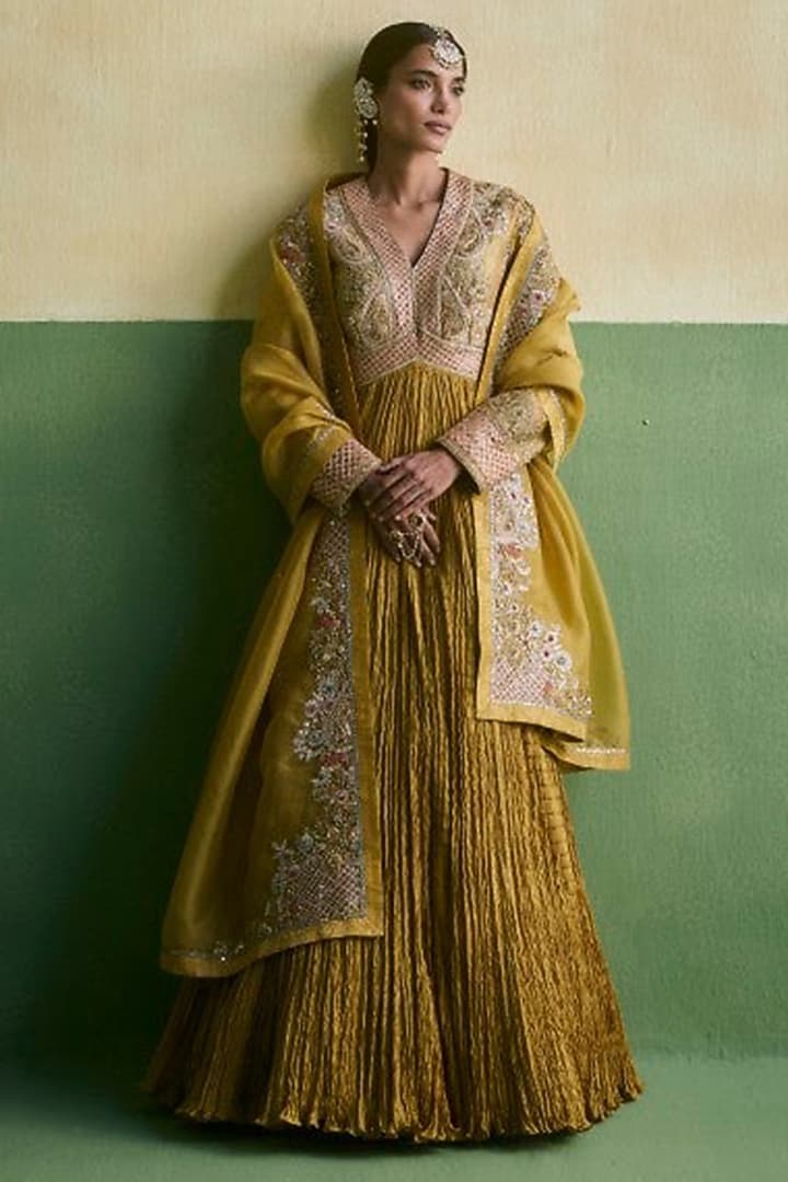 Mehendi Green Brocade Embroidered Crushed Bridal Anarkali Set by Petticoat Lane at Pernia's Pop Up Shop