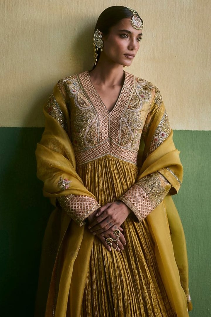 Mehendi Green Brocade Embroidered Crushed Bridal Anarkali Set by Petticoat Lane at Pernia's Pop Up Shop