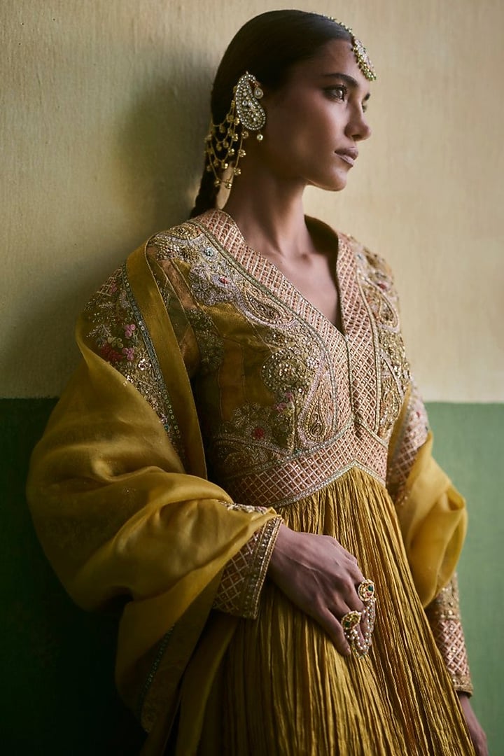 Mehendi Green Brocade Embroidered Crushed Bridal Anarkali Set by Petticoat Lane at Pernia's Pop Up Shop