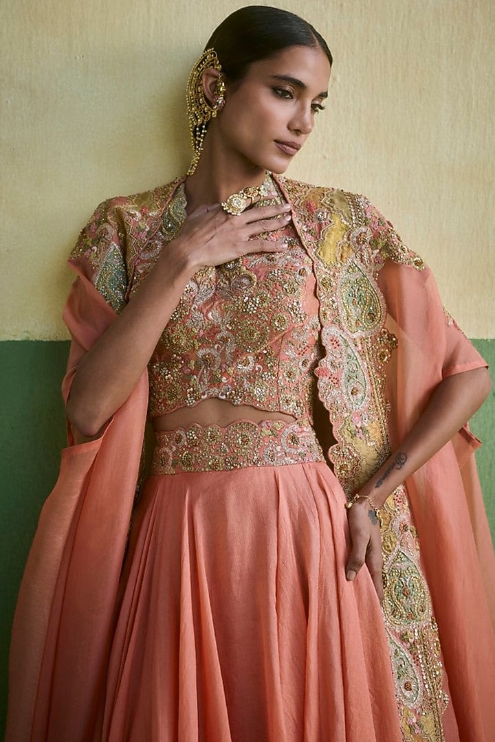 Rose Pink Chanderi & Brocade Skirt Set by Petticoat Lane at Pernia's Pop Up Shop