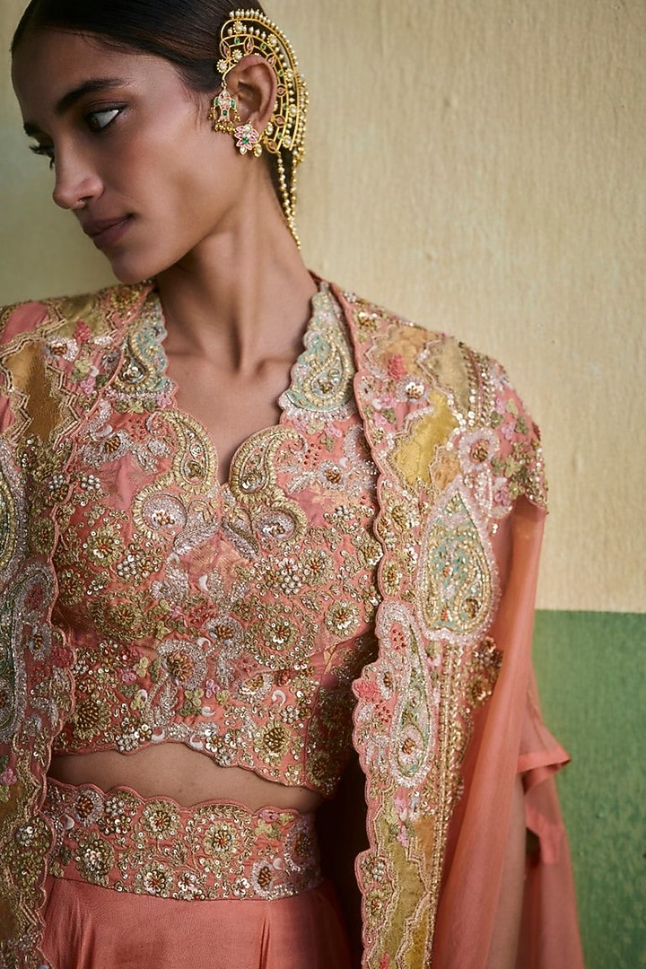 Rose Pink Chanderi & Brocade Skirt Set by Petticoat Lane at Pernia's Pop Up Shop