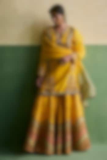 Yellow Chanderi Embroidered Bridal Sharara Set by Petticoat Lane at Pernia's Pop Up Shop